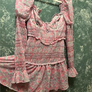For Love & Lemons Pink Floral Backless Smocked Mini Dress